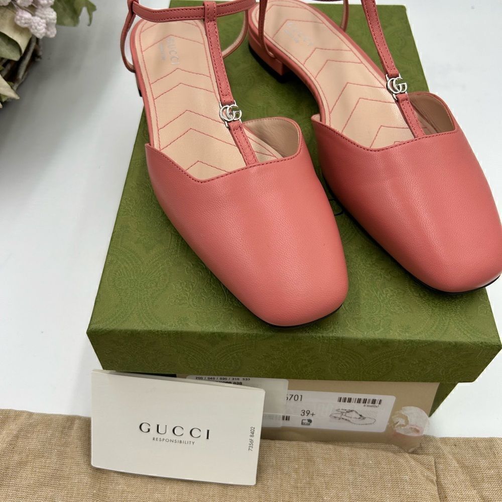 Women’s Gucci,T strap GG pink, leather ballet, flat size 39.5 made in Italy - Picture 2 of 11